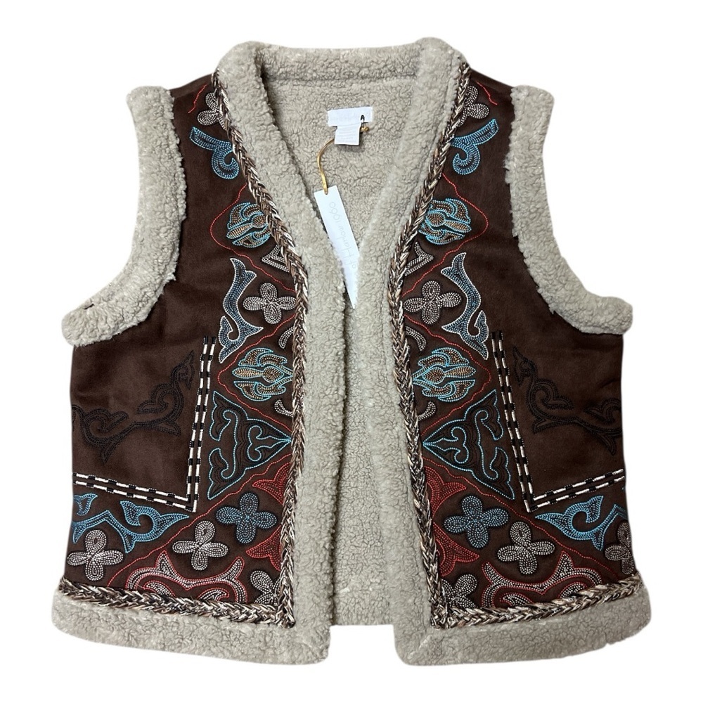 House of Harlow 1960 Embroidered Sherpa Trim Vest Western Boho Multi One Size
